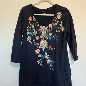 Chico's Navy Floral Embroidered Scoop Neck 3/4 Sleeve Top
